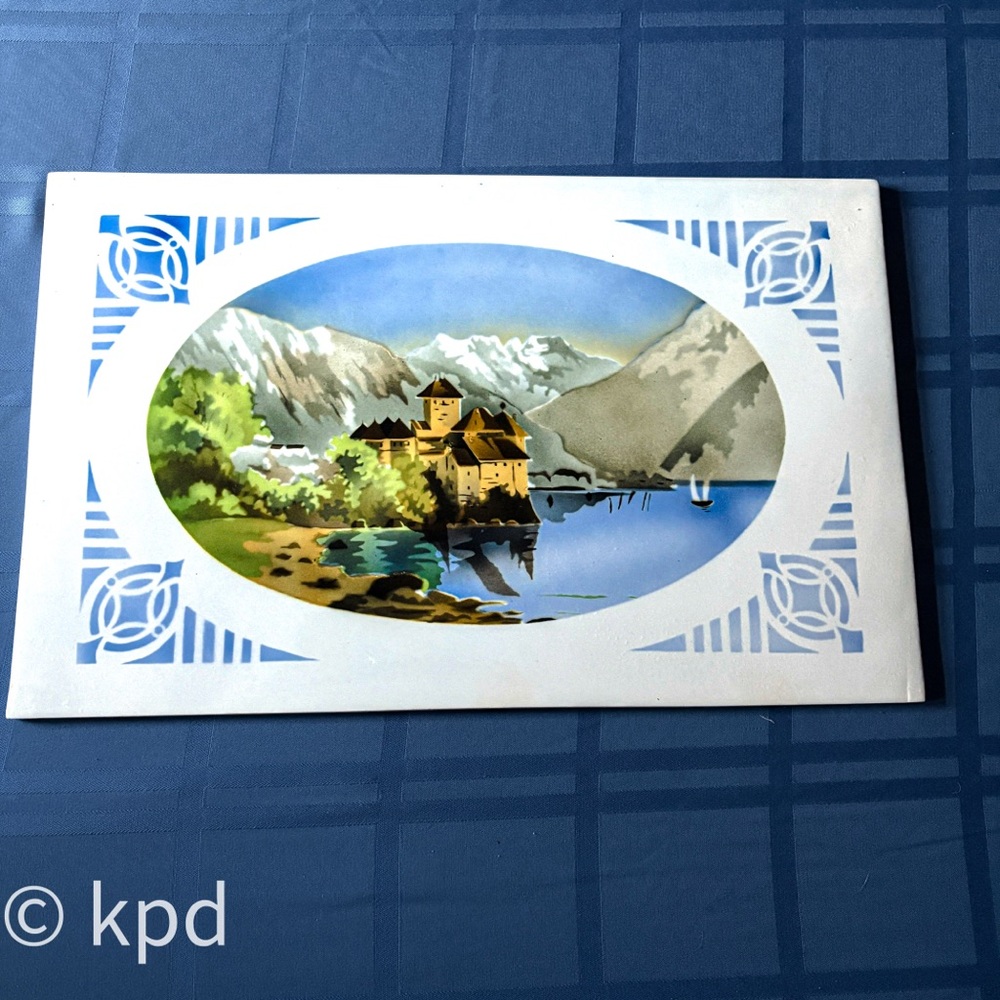 Porcelain Enamel Tray – Alpine Castle & Mountain Scene, Marked Czechoslovakia